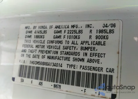 2006 Honda Accord 2.4 Ex from USA, damaged, VIN 1HGCM568X6A134014